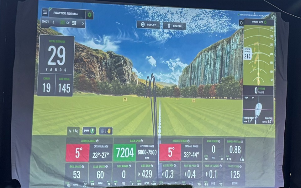 SkyTrak screen showing launch angle, back spin, ball speed and distance after a shot